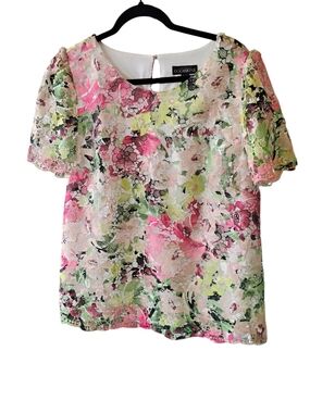 Occasion Floral Lace Overlay Short Sleeve Blouse - Pink, Green & Cream SZ M